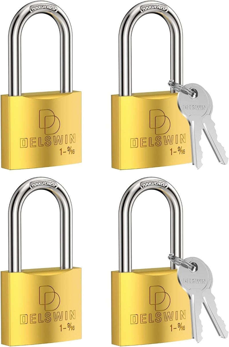 DELSWIN Weatherproof Padlock with Key (Keyed Alike) - Heavy Duty Solid Brass Locker Lock with 1-9/16" Long Shackle, Marine Grade Pad Lock for Outdoor Gate, Fence, Shed (4 Pack) - Image 1